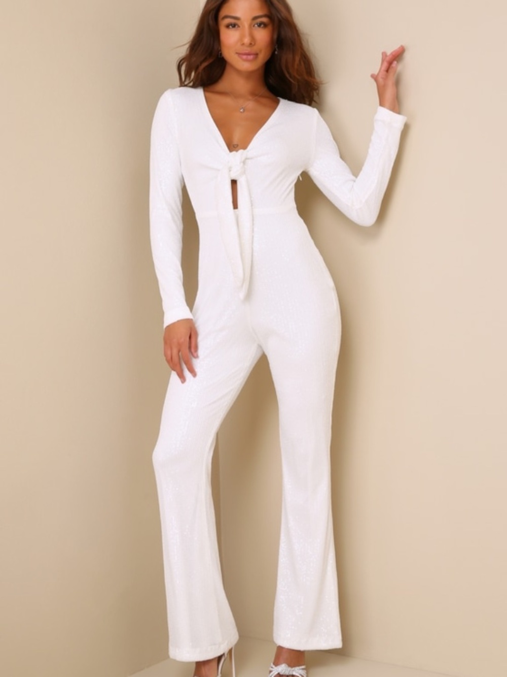 Lulus Luminous Style White Sequin Tie-front Long Sleeve Jumpsuit - Size L